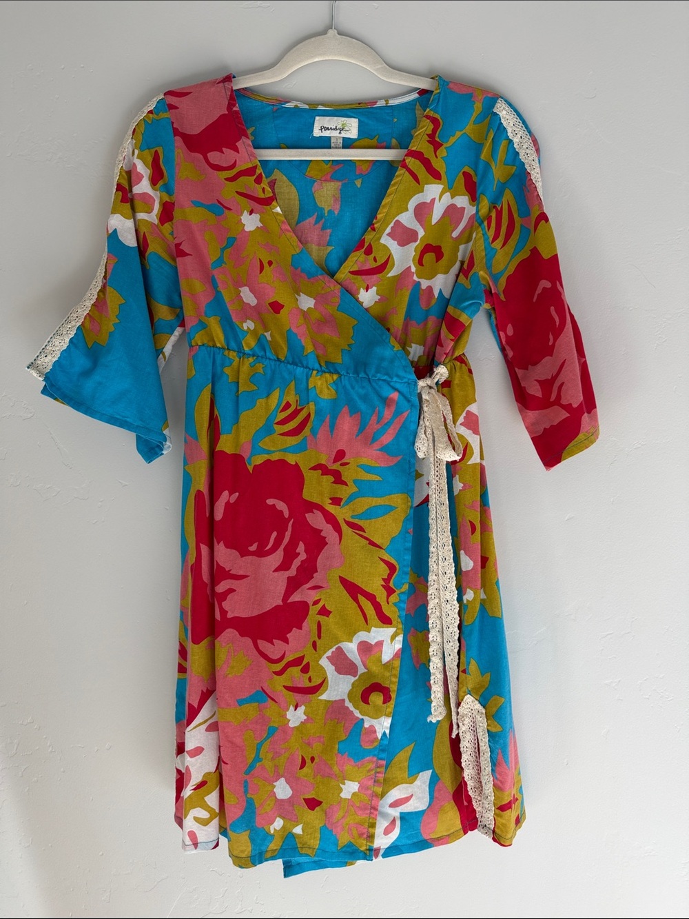Porridge by Anthropologie Wrap Mini Dress Bright Floral Boho Crochet Wmn’s Small